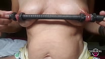 nippleringlover horny pushing threaded metal bar through huge pierced nipples part2