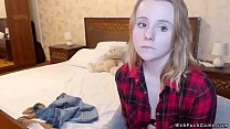 Petite blonde amateur teen in see through black bra chatting in private webcam show then waering shirt and posing in armchair in her bedroom